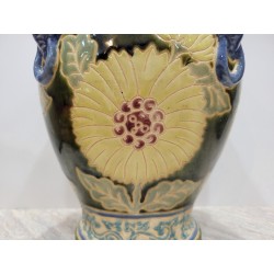 Chinese Asian Green Clay Fired Foo Dog Floral Ginger Jar Tall Vase Vintage Decor