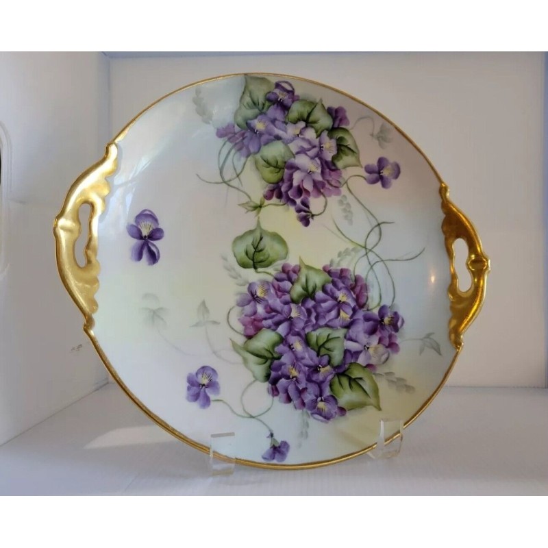 Vintage Austria MZ Moritz Zdekauer Violets Gold Edge Handle Cake Serving Plate